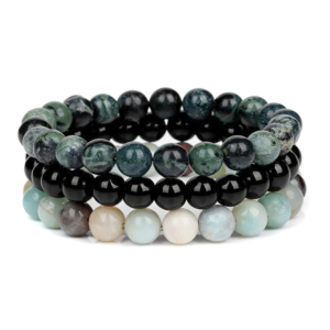 Gemstones Beaded Bracelets Healing Crystal Stone Stretch Elastic Bracelet Kambaba Jasper, Black Obsidian & Amazonite Pack of 3