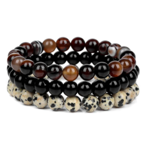 Gemstones Beaded Bracelets Healing Crystal Stone Stretch Elastic Bracelet Sulemani Hakik, Black Obsidian & Dalmatian Jasper  Pack of 3