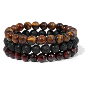 Gemstones Beaded Bracelets Healing Crystal Stone Stretch Elastic Bracelet Tiger Eye, Lava & Red Tiger Eye Pack of 3
