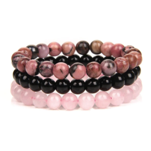 Gemstones Beaded Bracelets Healing Crystal Stone Stretch Elastic Bracelet Rhodonite, Black Obsidian & Rose Quartz Pack of 3