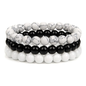 Gemstones Beaded Bracelets Healing Crystal Stone Stretch Elastic Bracelet Howlite, Black Obsidian & White Agate Pack of 3