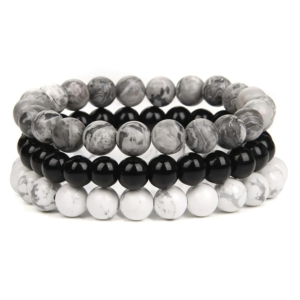 Gemstones Beaded Bracelets Healing Crystal Stone Stretch Elastic Bracelet Map Jasper, Black Obsidian & Howlite Pack of 3