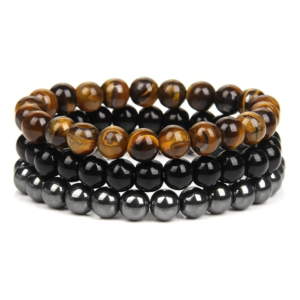 Gemstones Beaded Bracelets Healing Crystal Stone Stretch Elastic Bracelet Tiger Eye, Black Obsidian & Hematite Pack of 3.