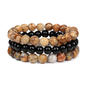Gemstones Beaded Bracelets Healing Crystal Stone Stretch Elastic Bracelet Picture Jasper, Black Obsidian & Crazy Agate Pack of 3.