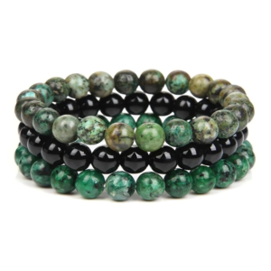 Gemstones Beaded Bracelets Healing Crystal Stone Stretch Elastic Bracelet African Turquoise, Black Obsidian & Ruby Zoisite Pack of 3