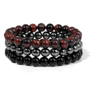 Gemstones Beaded Bracelets Healing Crystal Stone Stretch Elastic Bracelet Red Tiger Eye, Hematite & Black Obsidian Pack of 3